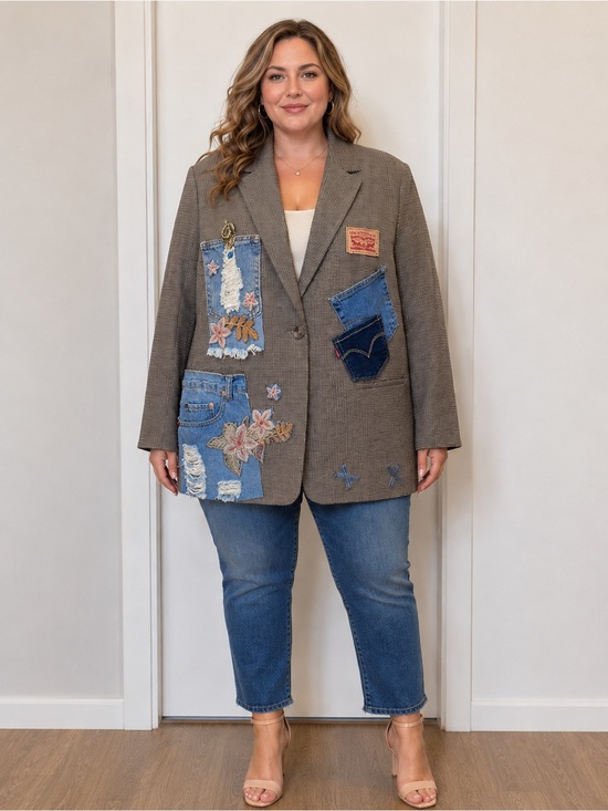 Upcycled Jackets & Blazers - Upcycled Patchwork Embellished Brown plaid Blazer with Denim Accents size 16W